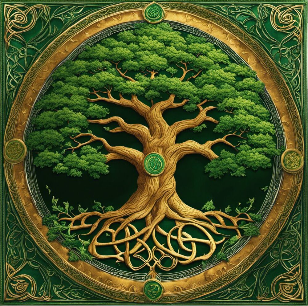 Create an image featuring a majestic oak tree standing tall amidst a lush green forest, with vibrant leaves shimmering in the sunlight. Surround it with intricate Celtic symbols, representing the 13 birth trees of the Celtic Tree Calendar.